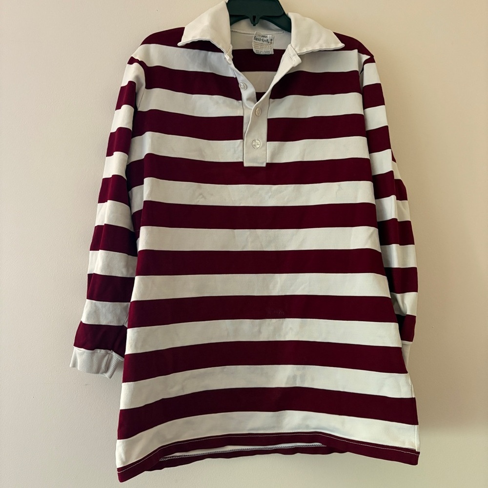 Vintage Sand-Knit Rugby Shirt USA Heavyweight Striped Burgundy White Men’s Large